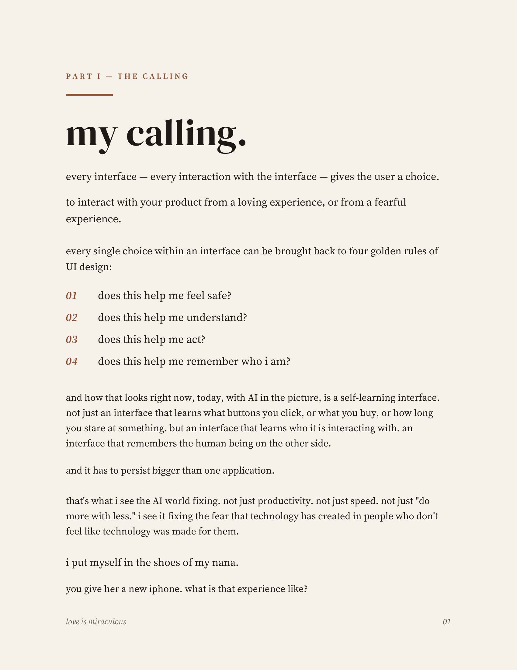 Printed manifesto, page 2 of 14 — part i, the calling: every interface gives the user a choice, and the four golden rules of UI design.
