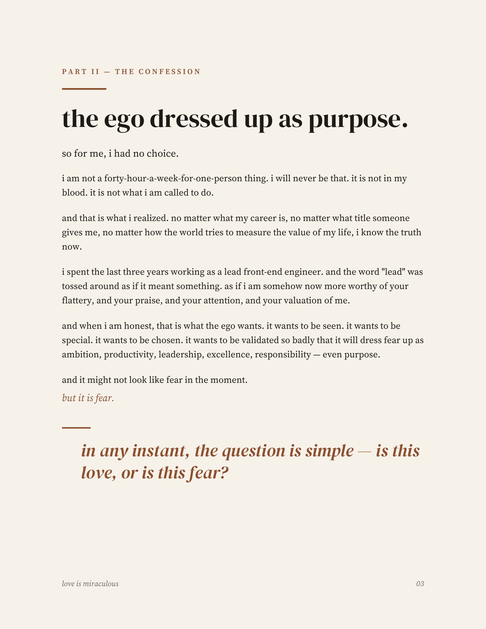 Printed manifesto, page 4 of 14 — part ii, the confession: the ego dressed up as purpose.