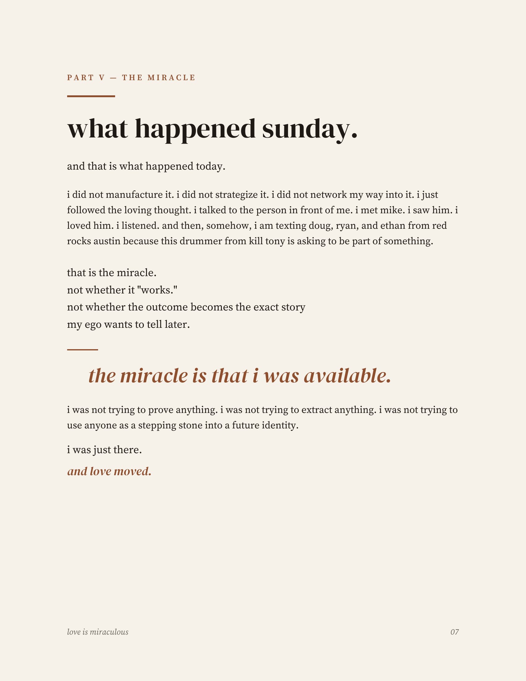 Printed manifesto, page 8 of 14 — part v, the miracle: what happened Sunday. the miracle is that i was available.
