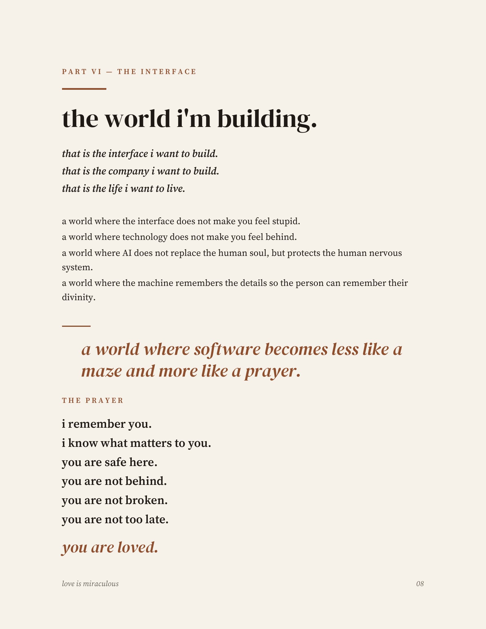 Printed manifesto, page 9 of 14 — part vi, the interface, and the prayer: i remember you. you are safe here. you are loved.