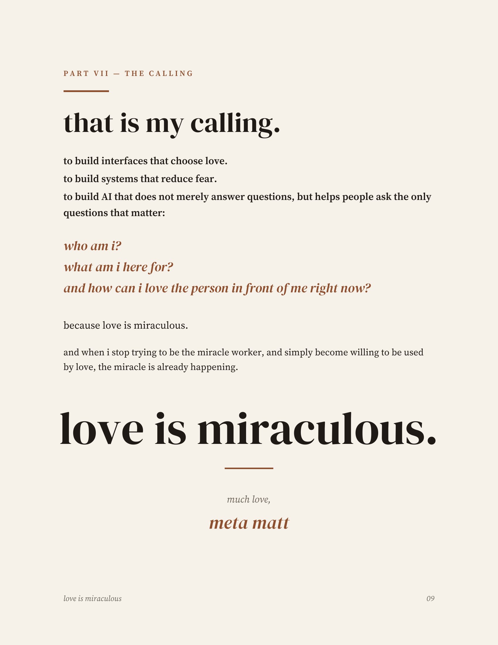Printed manifesto, page 10 of 14 — part vii, the calling: love is miraculous. much love, meta matt.