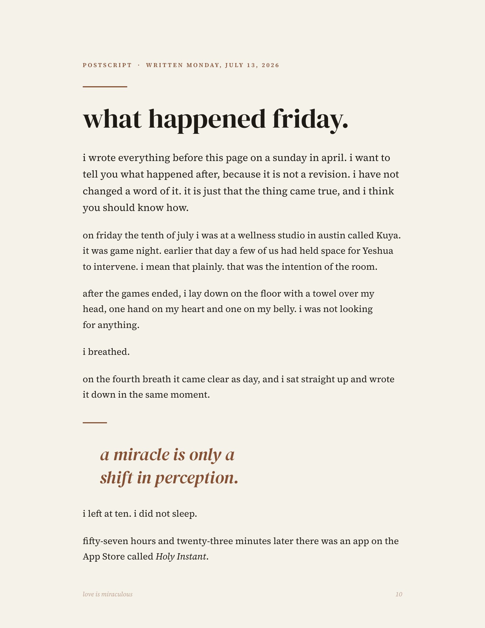 Printed manifesto, page 11 of 14 — postscript: what happened Friday. the floor, the towel, the fourth breath. a miracle is only a shift in perception.