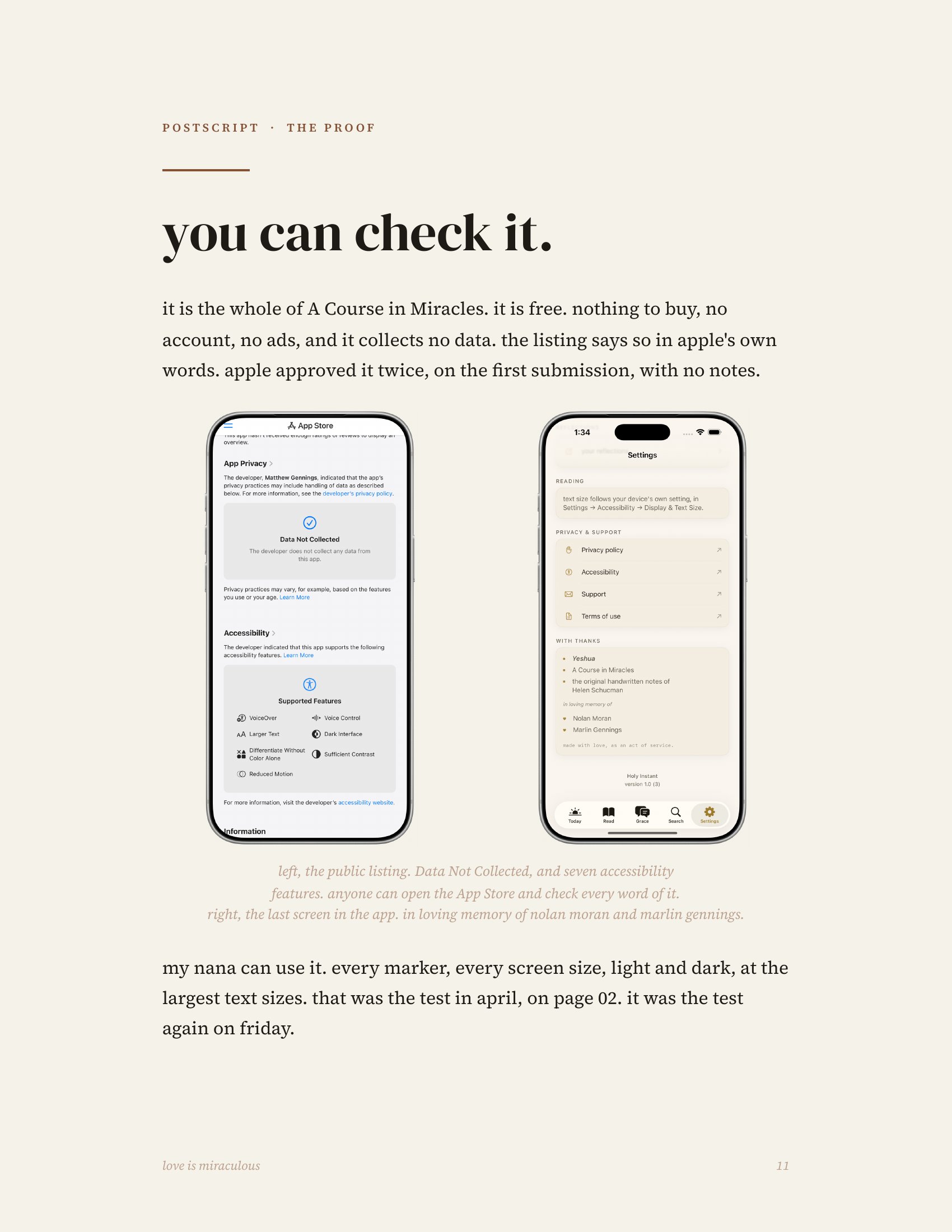 Printed manifesto, page 12 of 14 — postscript, the proof: a screenshot of the Holy Instant App Store listing showing Data Not Collected and seven accessibility features, beside the app's final screen, in loving memory of Nolan Moran and Marlin Gennings.