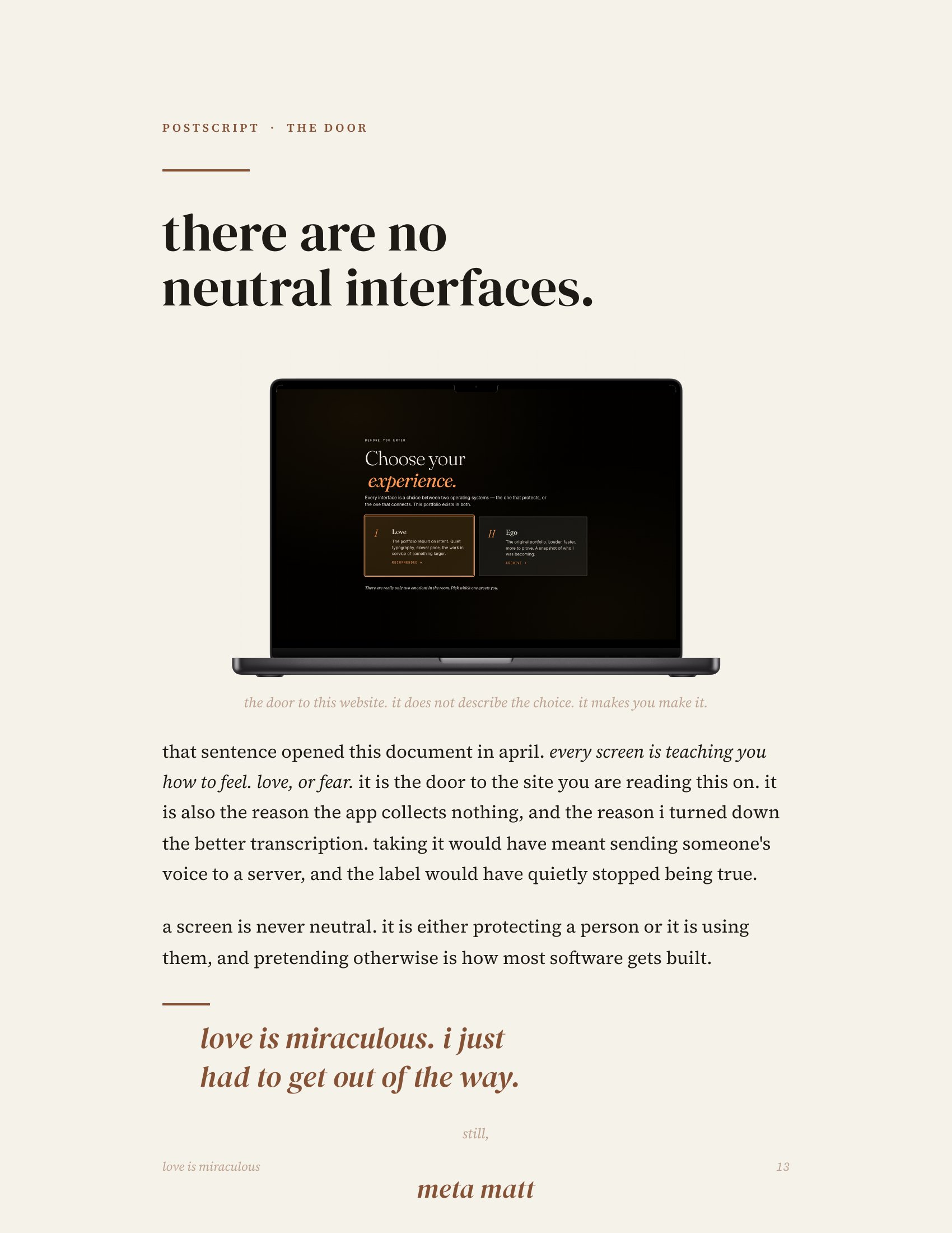 Printed manifesto, page 14 of 14 — postscript, the door: a screenshot of the love-or-ego door on mgennings.com. there are no neutral interfaces.