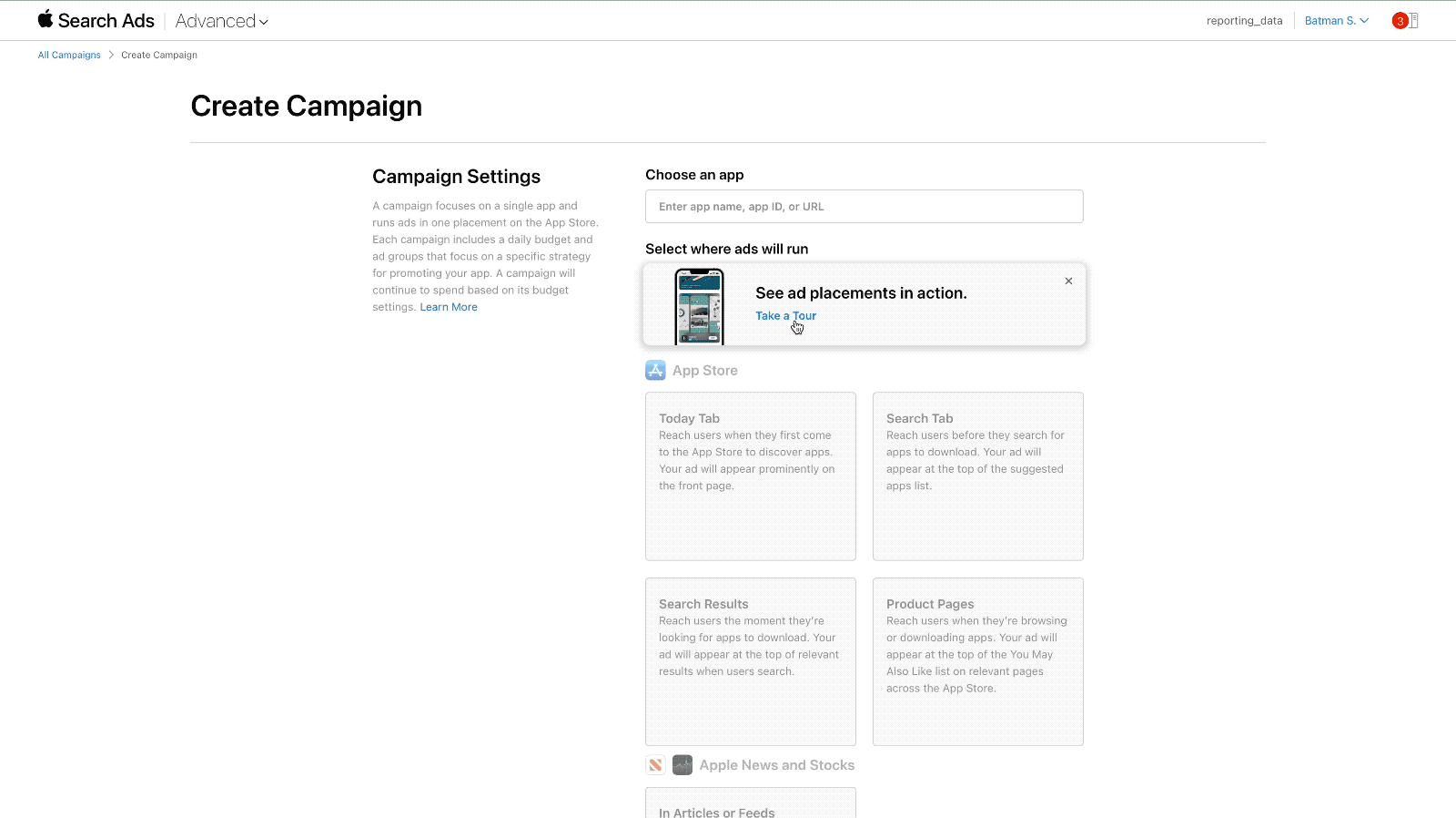 A public portfolio artifact of the Apple Search Ads placement carousel inside campaign creation.