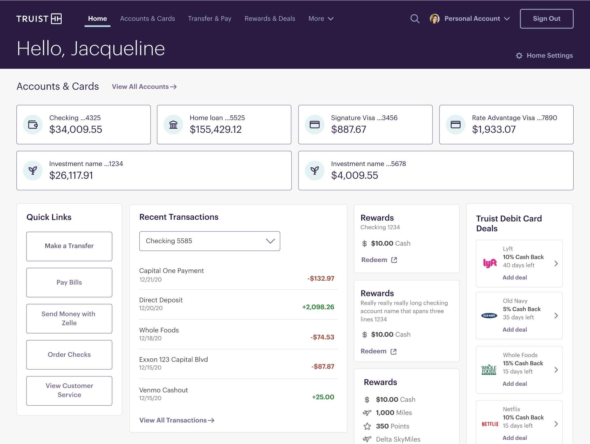 A public portfolio artifact of the Truist consumer banking dashboard using fabricated account data.